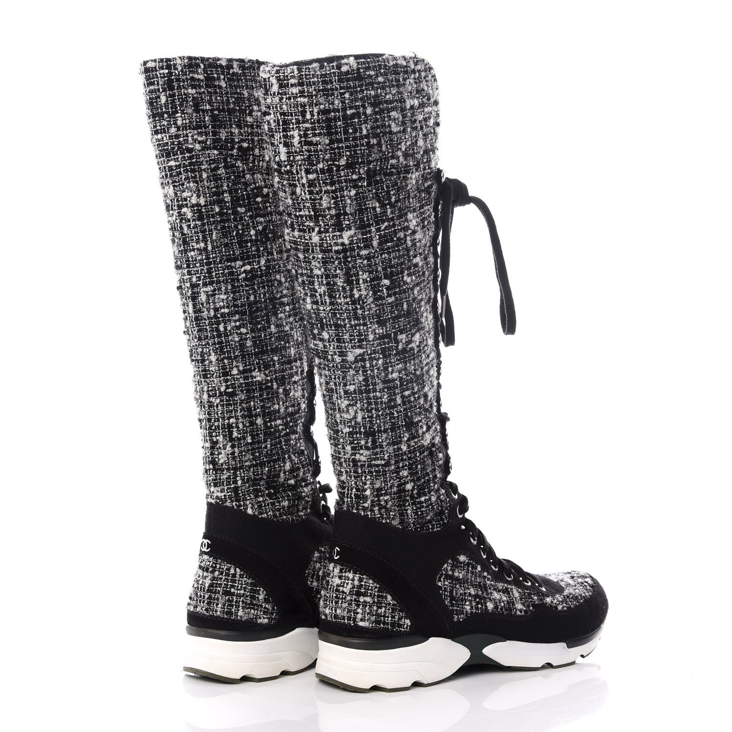 Chanel Tweed Suede Calfskin Sneaker High Boots 37 Black White 3 of 9