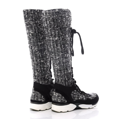 Chanel Tweed Suede Calfskin Sneaker High Boots 37 Black White 3 of 9