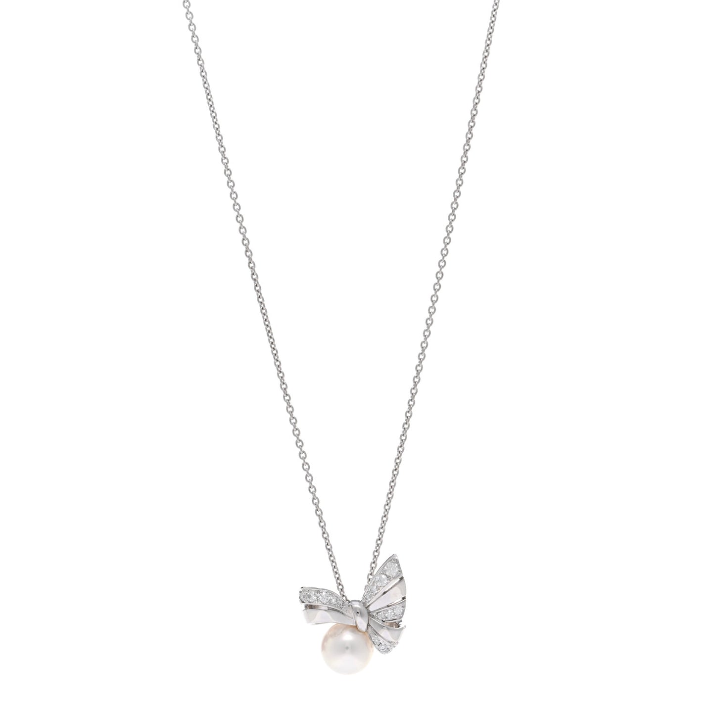 18K White Gold Diamond Akoya Pearl Jeux de Rubans Pendant Necklace