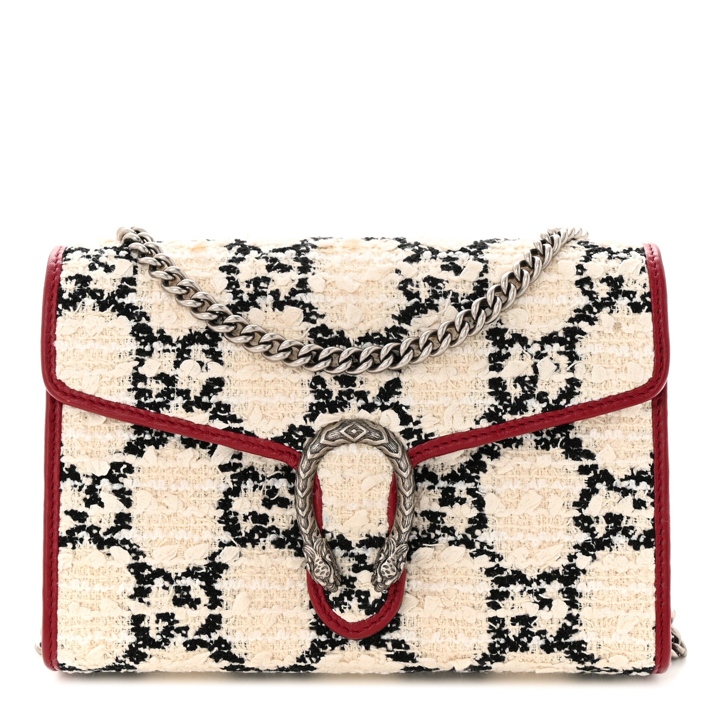 Tweed GG Monogram Mini Dionysus Chain Wallet White Black Romantic Cherry