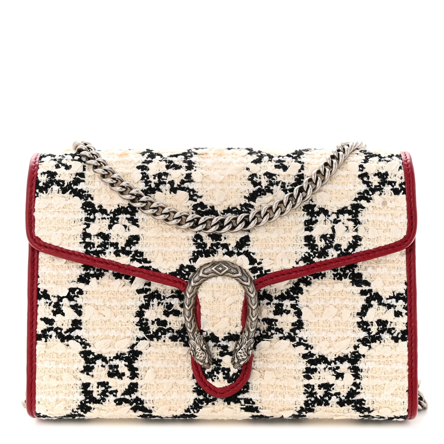 Gucci Tweed GG Monogram Mini Dionysus Chain Wallet White Black Romantic Cherry 1 of 10