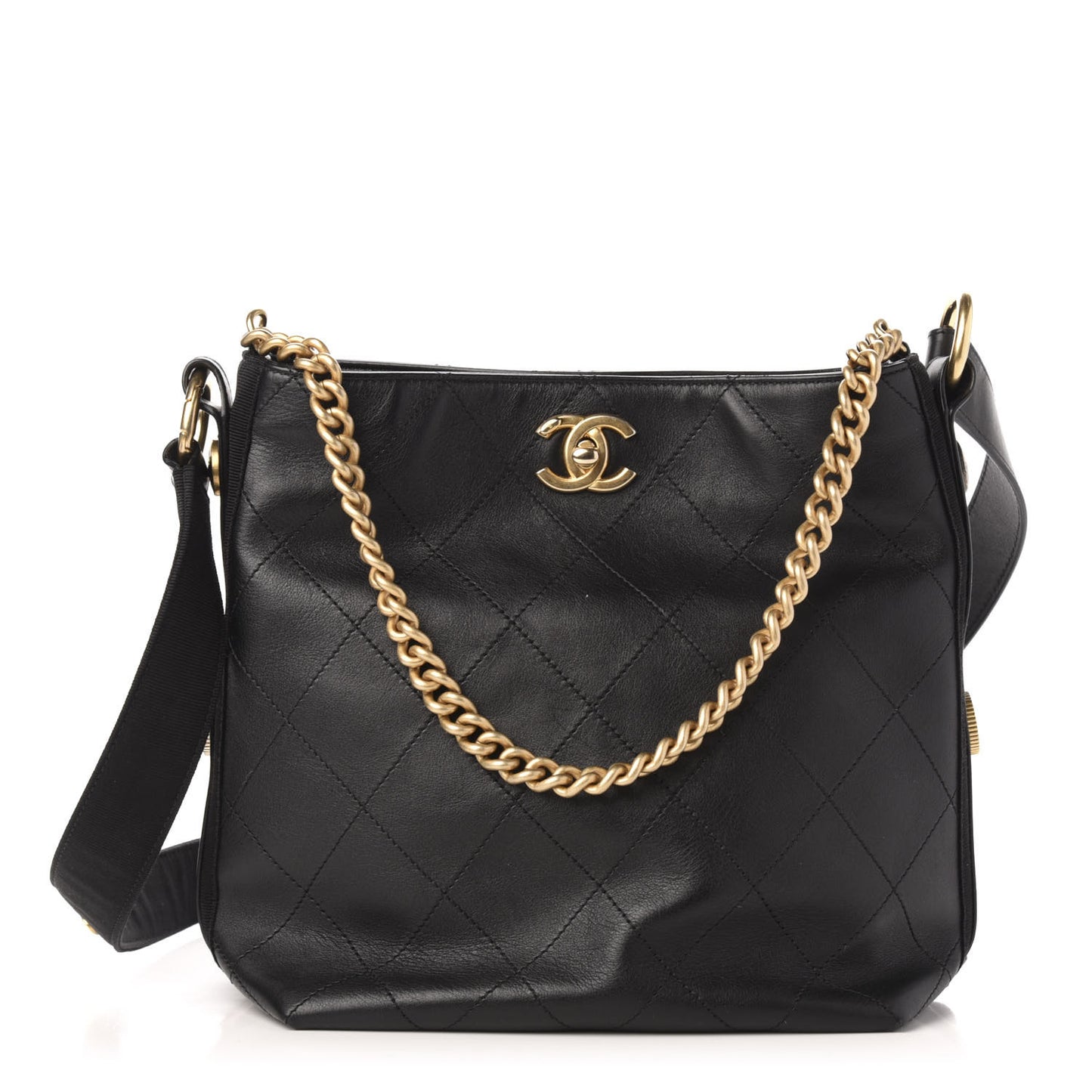 Calfskin Stitched Button Up Hobo Black