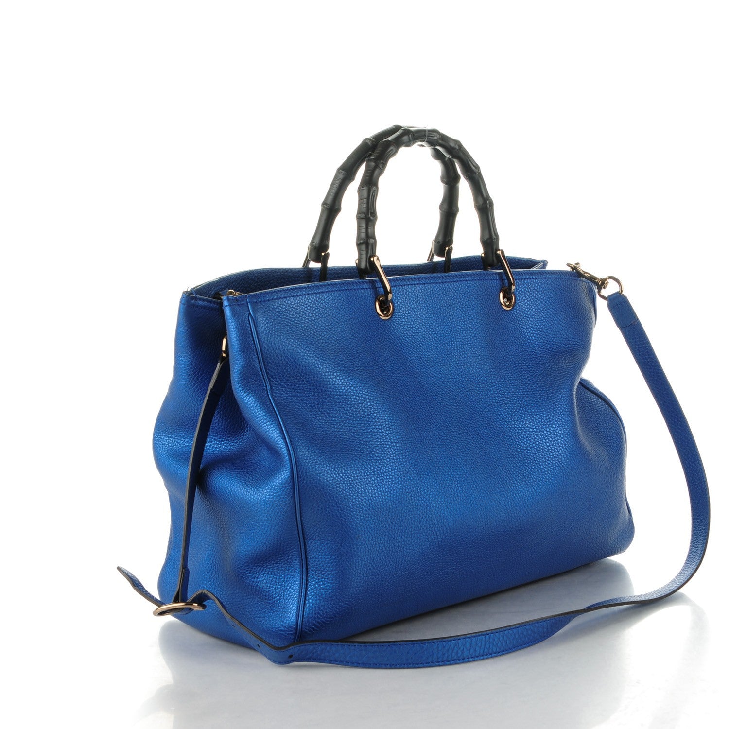 Gucci Metallic Calfskin Large Bamboo Shopper Tote Blue 3 of 7