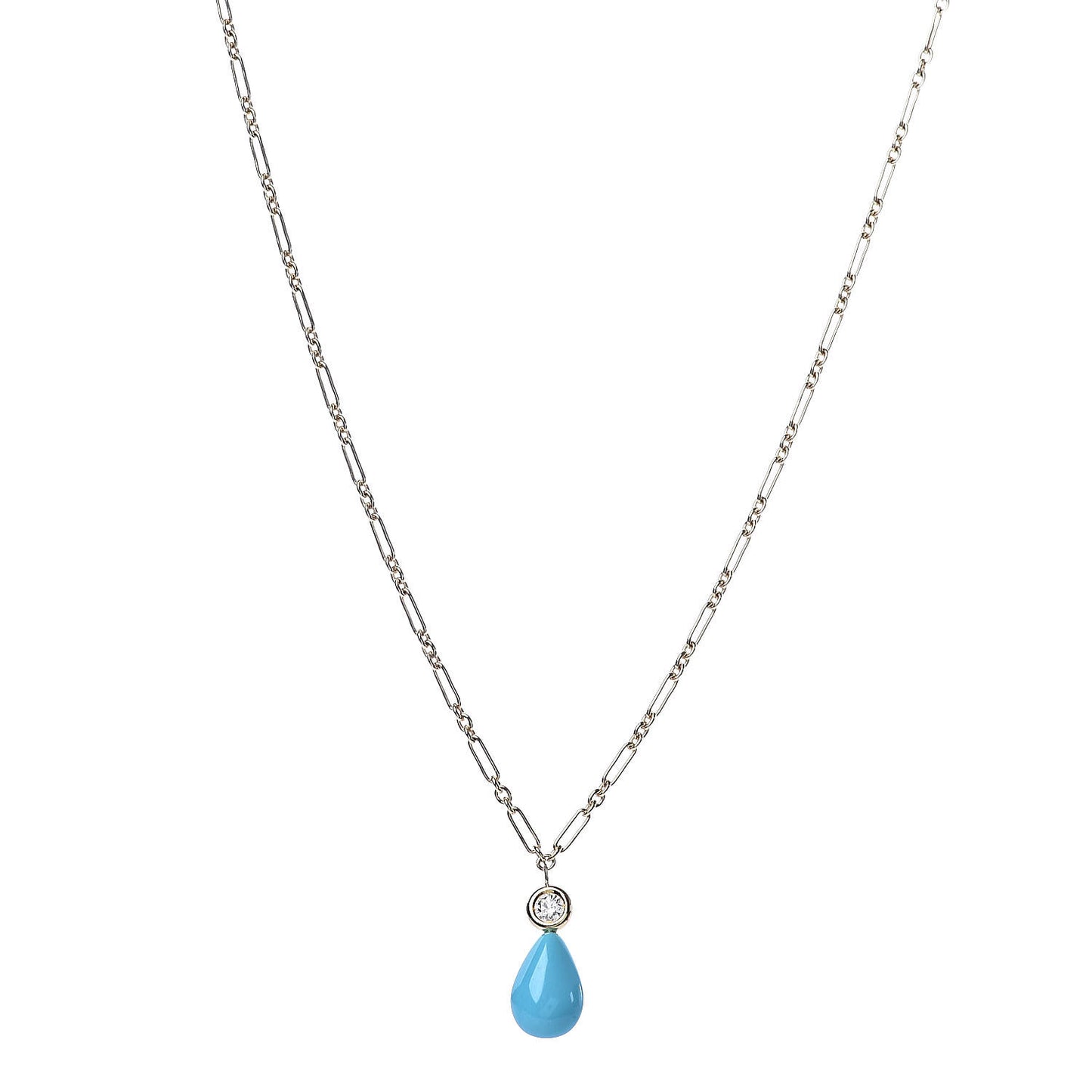 18K Yellow Gold Diamond Turquoise Drop Pendant Necklace