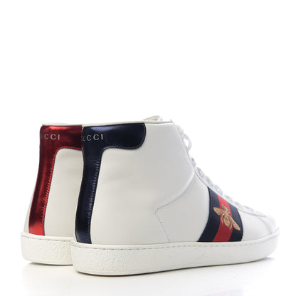 Gucci Calfskin Miro Soft Web Bee Embroidered Mens Ace High Top Sneakers 8 White 4 of 10