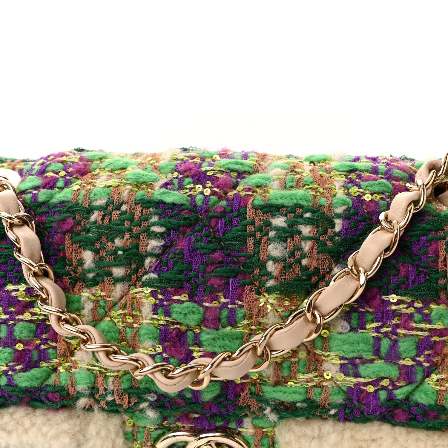 Chanel Tweed Shearling Large Flap Bag Green Purple Ecru Brown 8 of 10