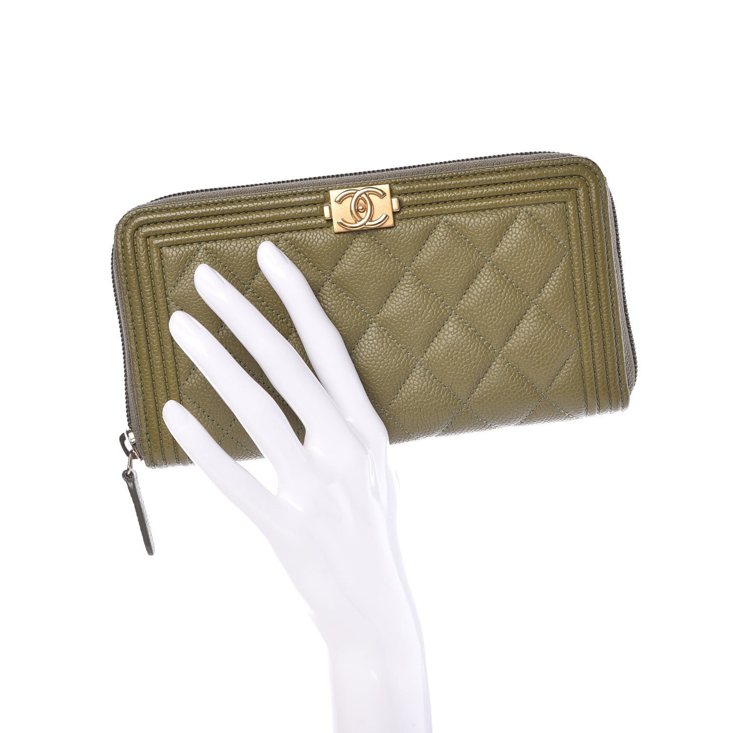 Caviar Quilted Boy Long Zip Around Wallet Khaki