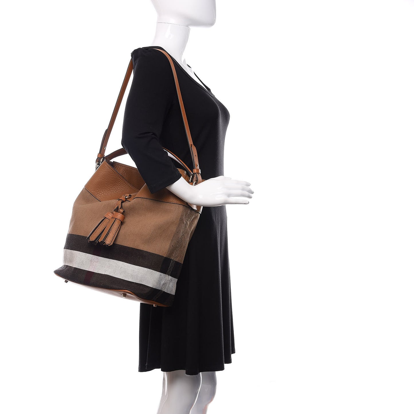 Grainy Calfskin Canvas Mega Check Medium Ashby Tassel Hobo Saddle Brown