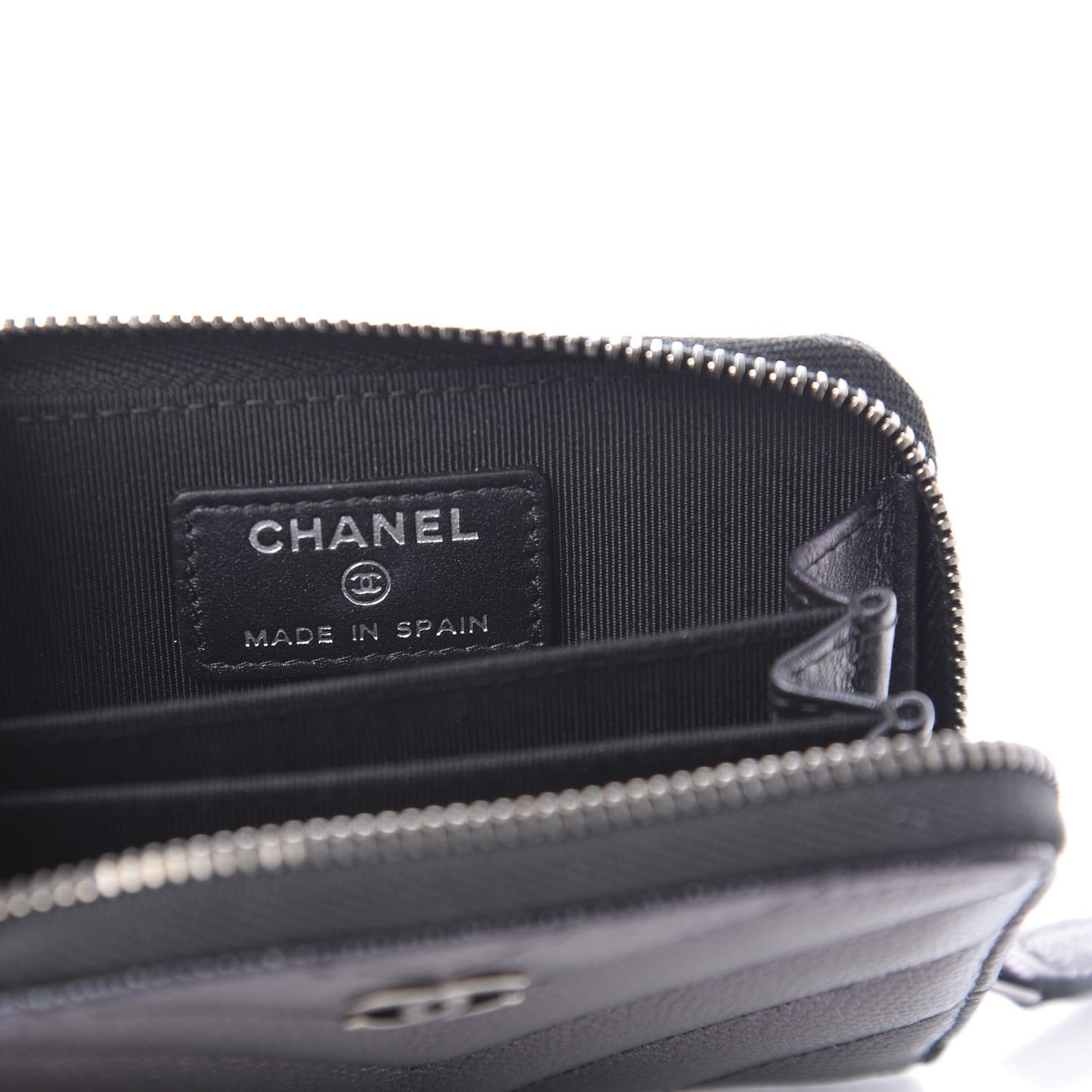 Iridescent Caviar Chevron Quilted Zip Around Coin Purse Black