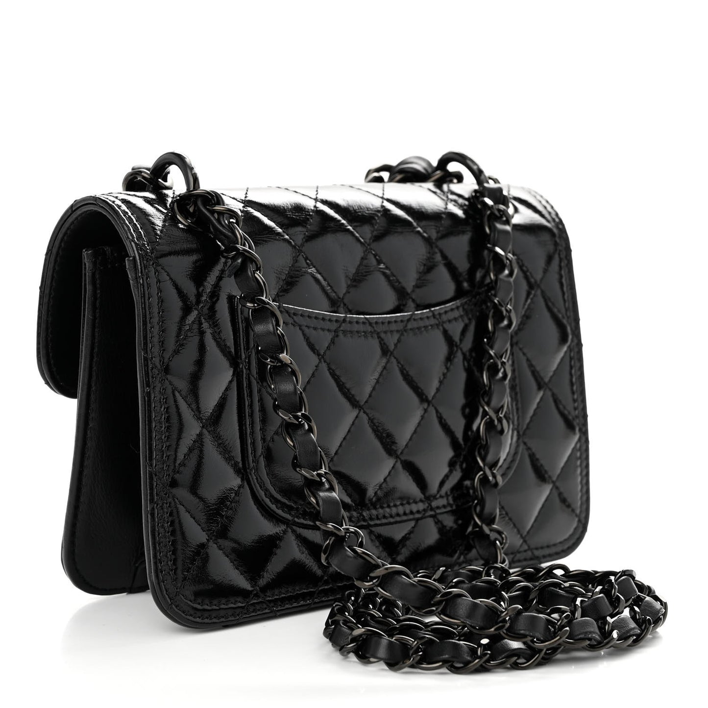 Shiny Crumpled Calfskin Quilted Double You Mini Flap So Black