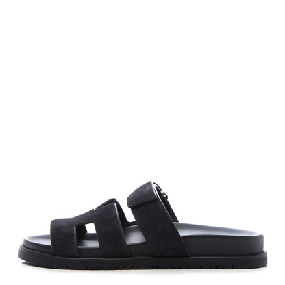 Hermes Suede Goatskin Womens Chypre Sandals 37 Black 1 of 9