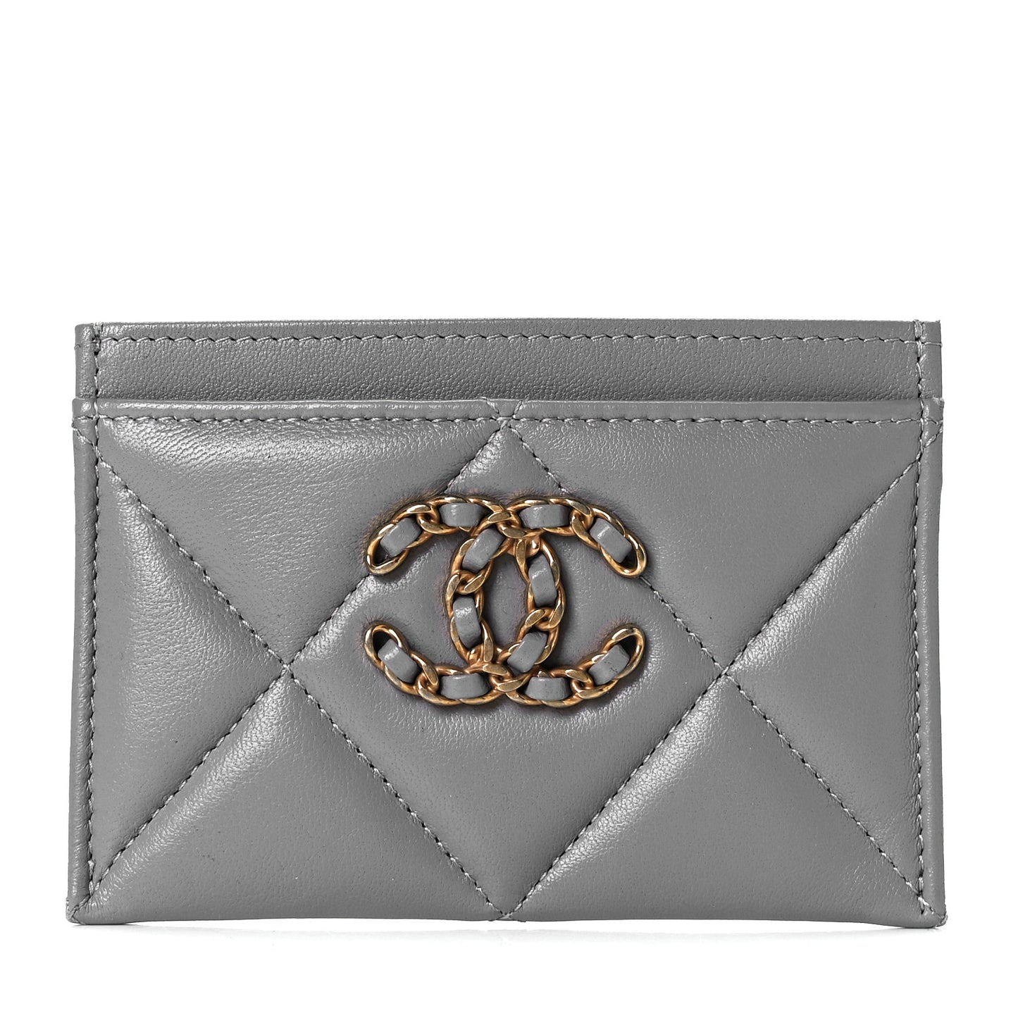 Lambskin Quilted Chanel 19 Card Holder Grey