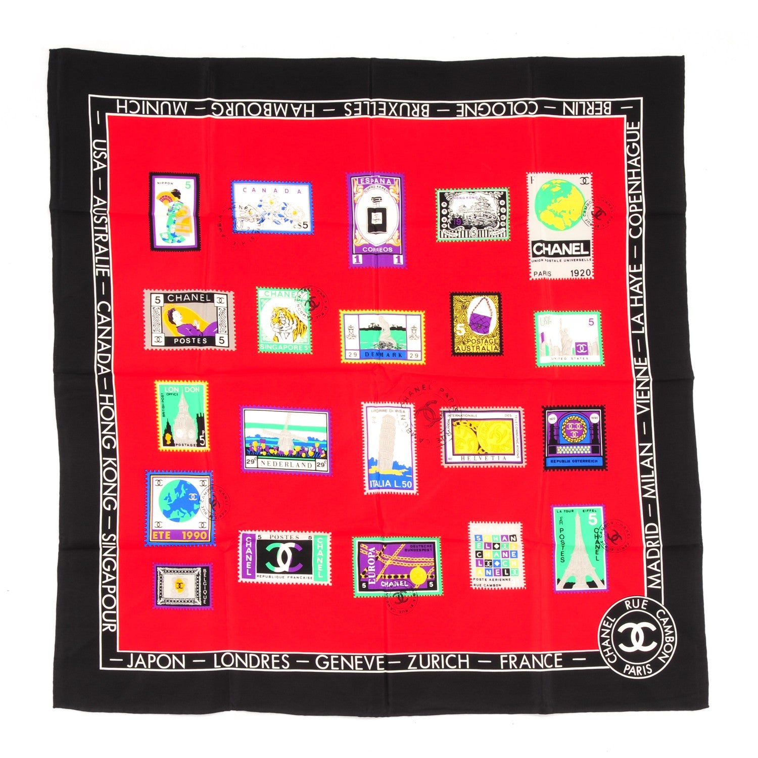 Chanel Silk Stamps Scarf Red Black 2 of 3