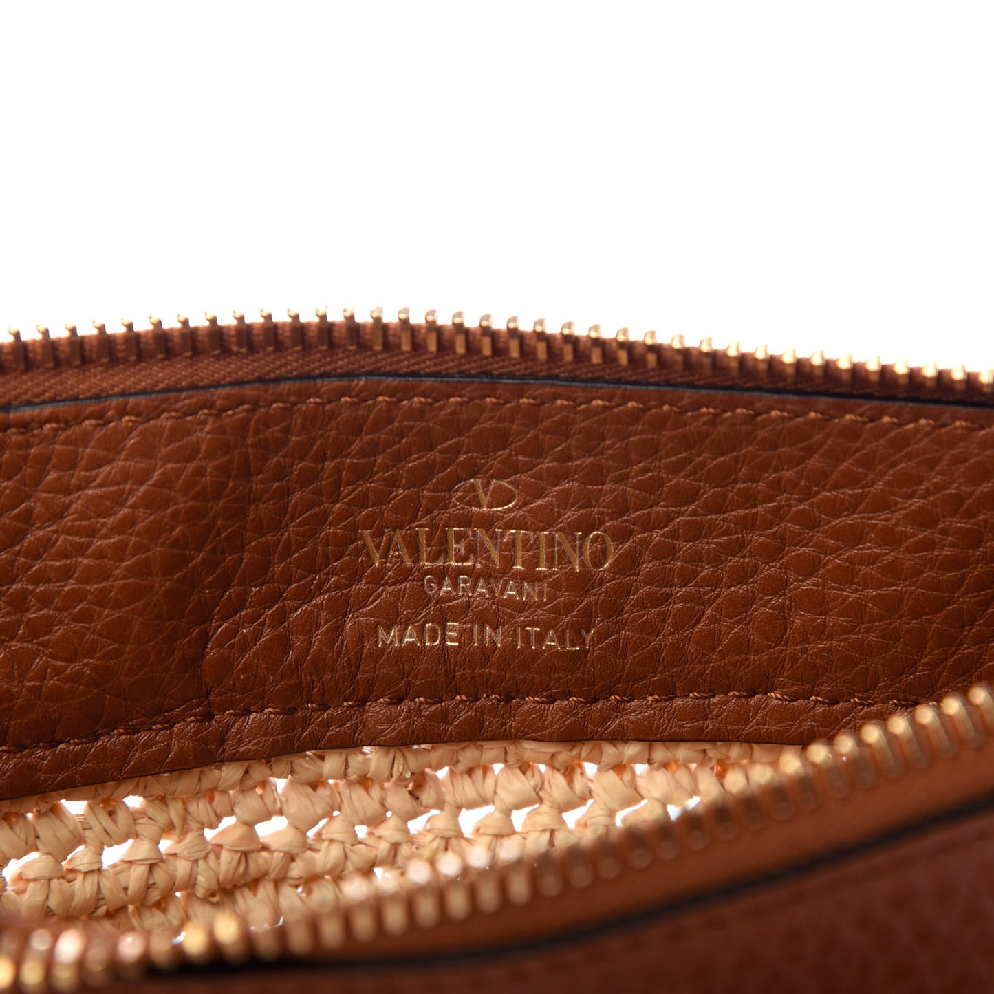 Raffia Calfskin Small Rockstud Zip Pouch Natural Saddle Brown