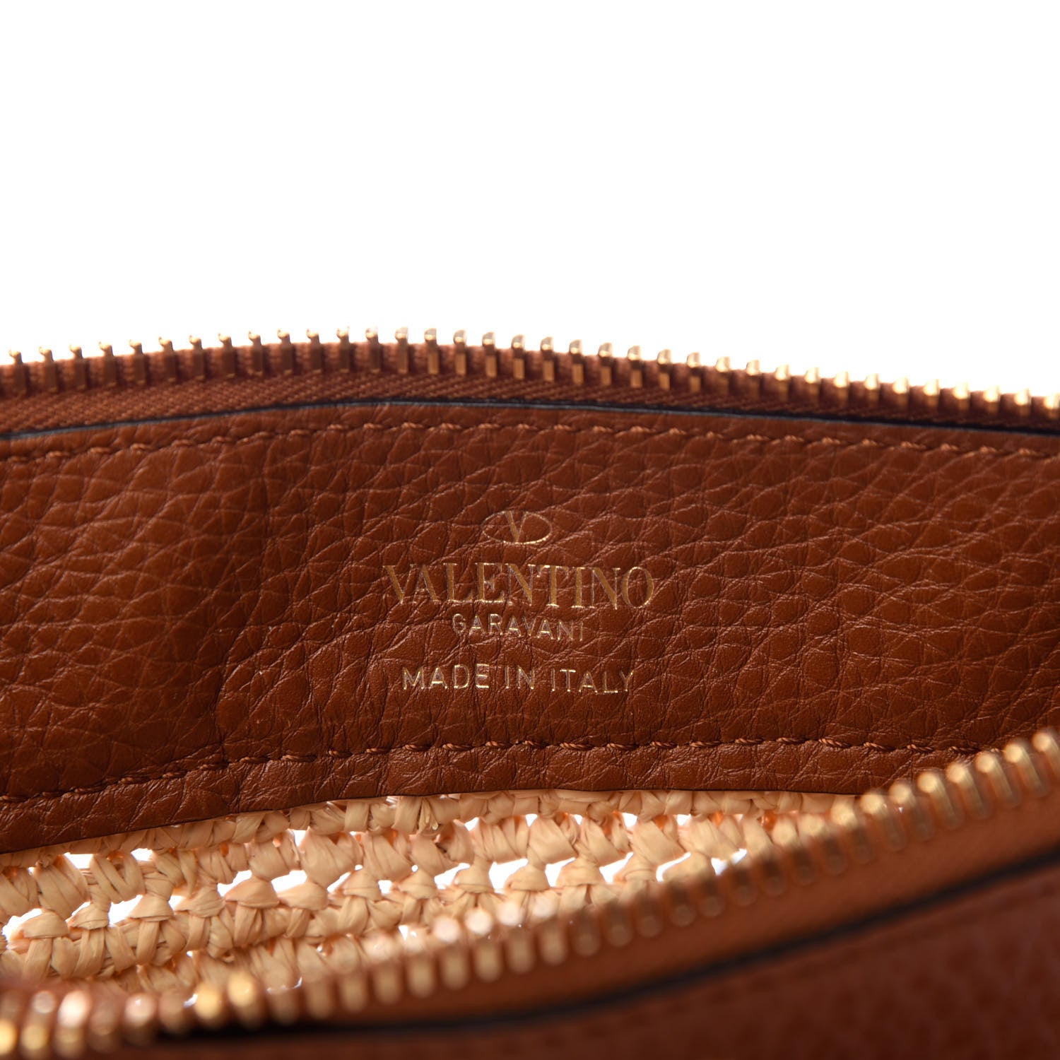 Valentino Garavani Raffia Calfskin Small Rockstud Zip Pouch Natural Saddle Brown 6 of 6