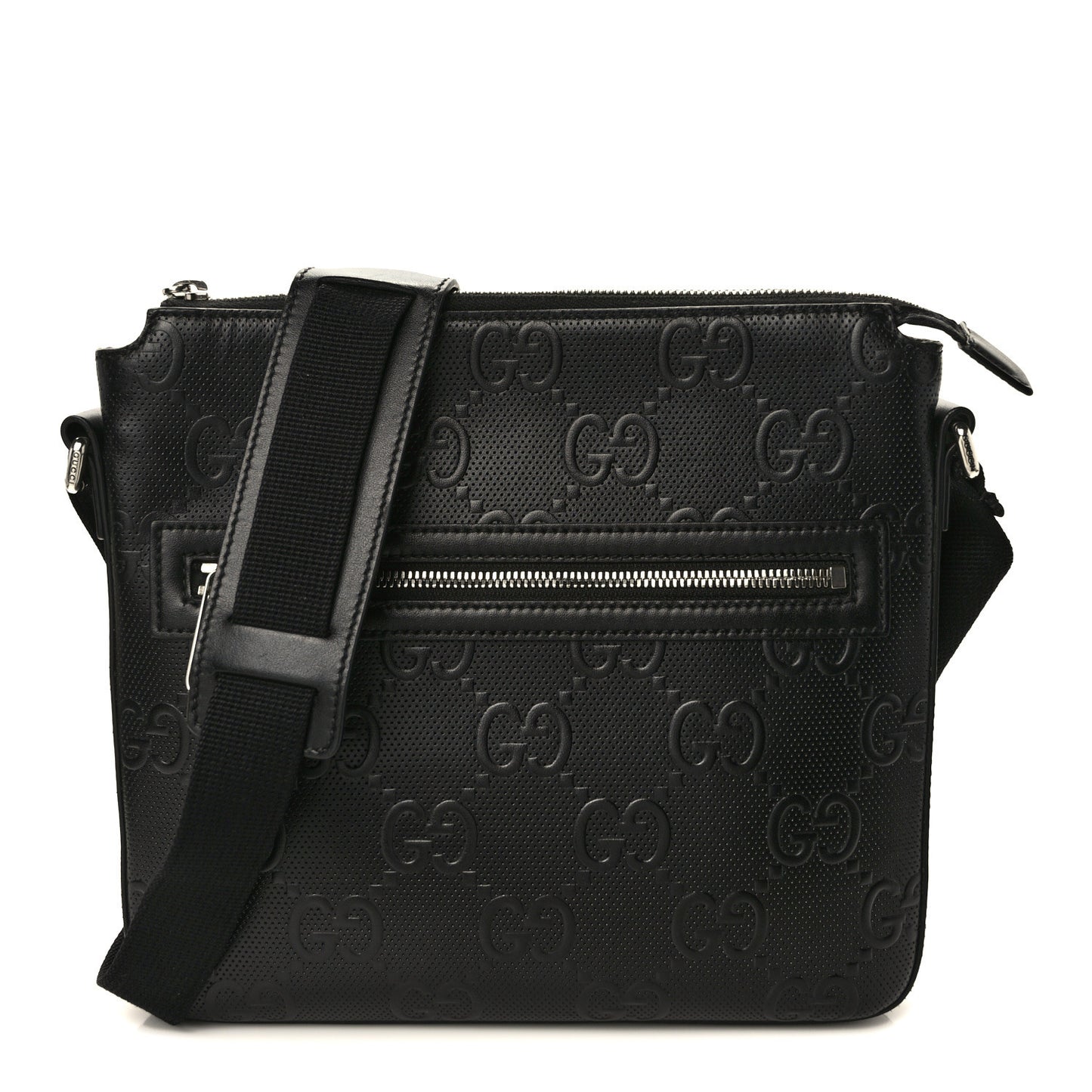 Calfskin GG Tennis Embossed Small Flat Messenger Bag Black