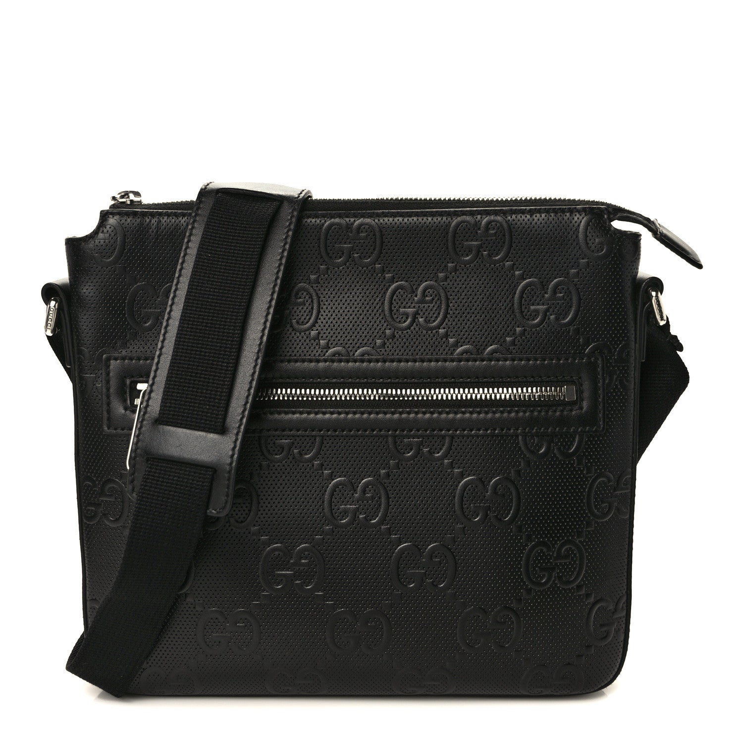Gucci Calfskin GG Tennis Embossed Small Flat Messenger Bag Black 1 of 10