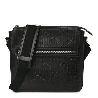 Gucci Calfskin GG Tennis Embossed Small Flat Messenger Bag Black 1 of 10