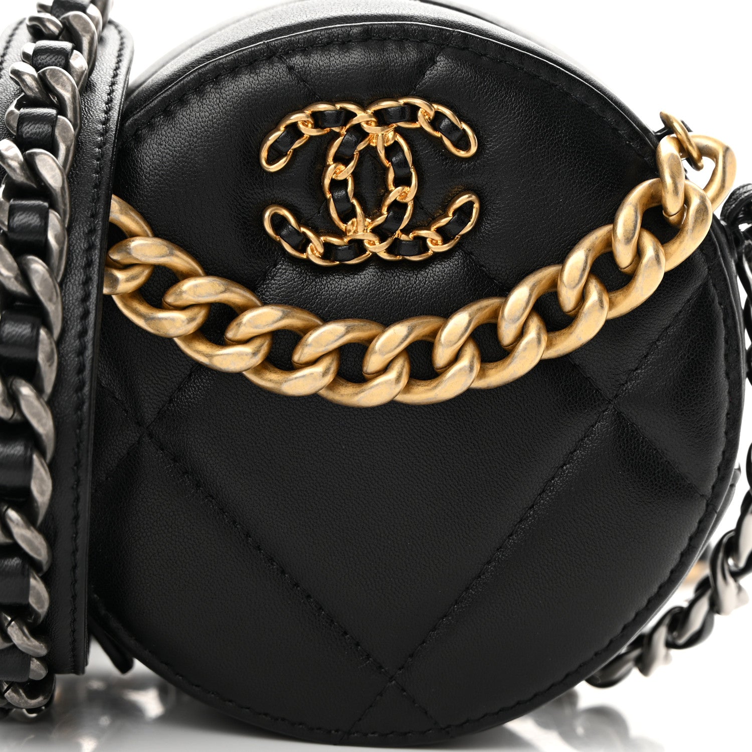 Chanel Lambskin Quilted Chanel 19 Round Clutch With Chain Black 8 of 13