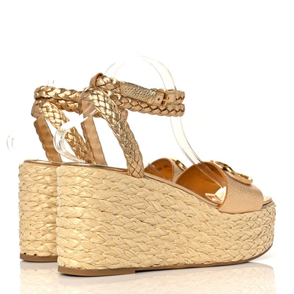 Valentino Garavani Metallic Pebbled Calfskin VLogo Ankle Wrap Espadrille 45/90mm Platform Wedge Sandals 41 Antique Brass 4 of 7