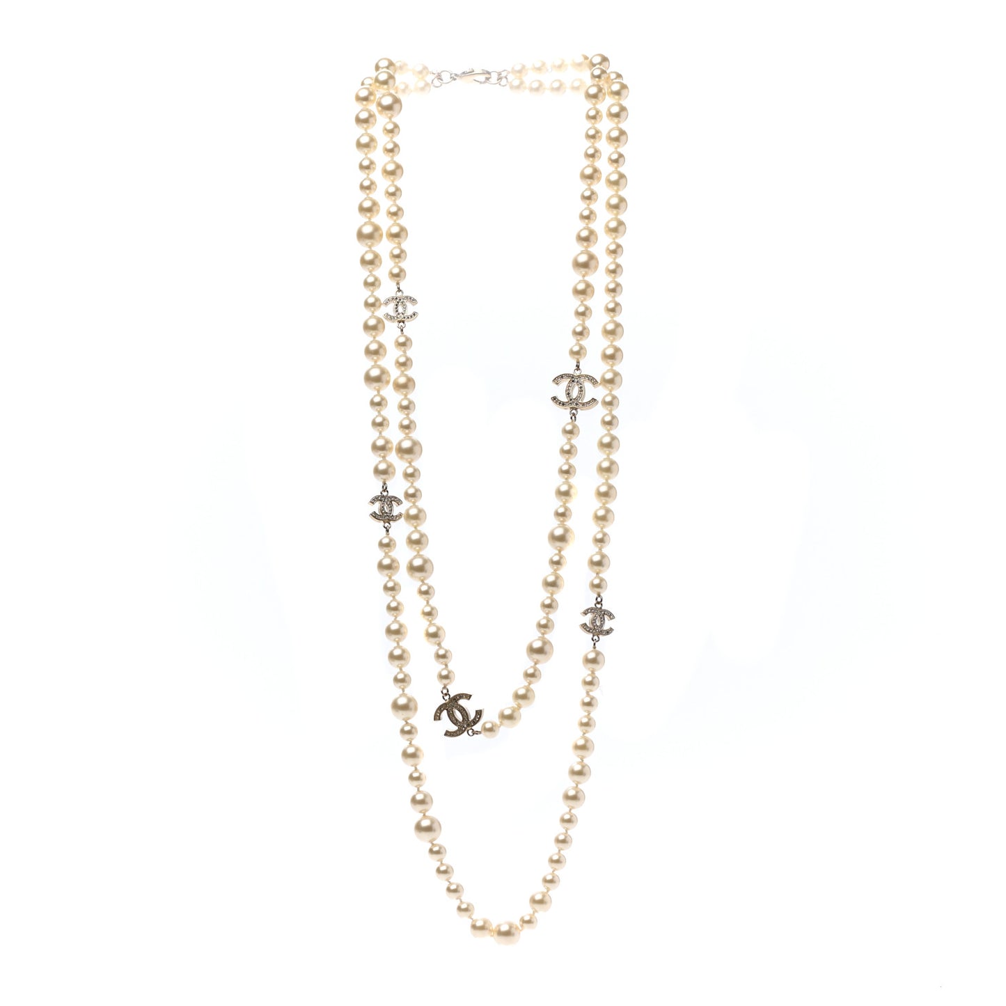 Graduated Pearl Crystal CC Long Necklace Light Gold