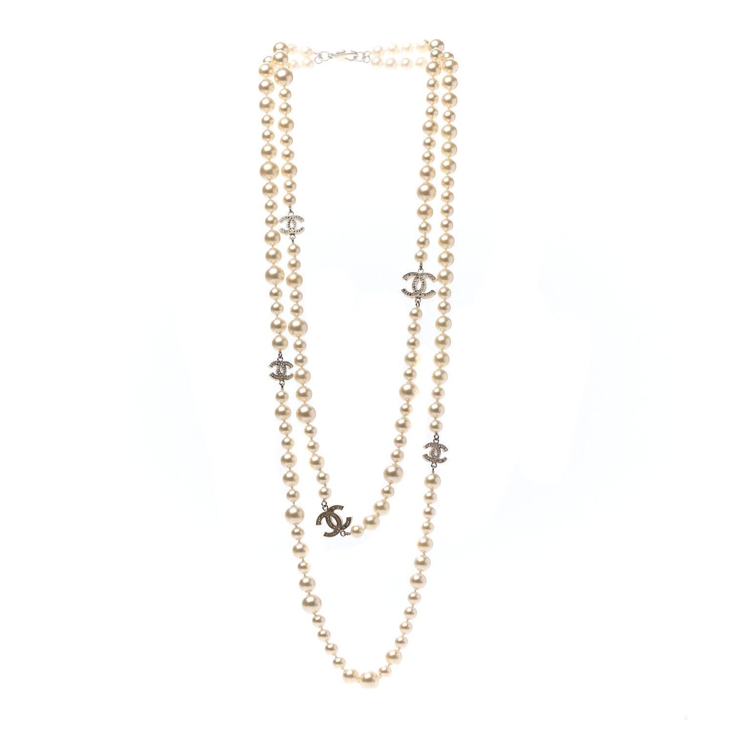 Chanel Graduated Pearl Crystal CC Long Necklace Light Gold 3 of 5