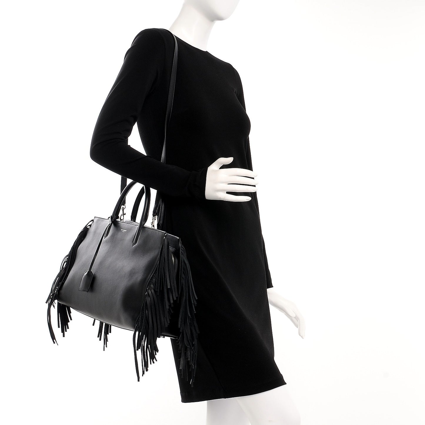 Grained Calfskin Medium Fringe Cabas Rive Gauche Black