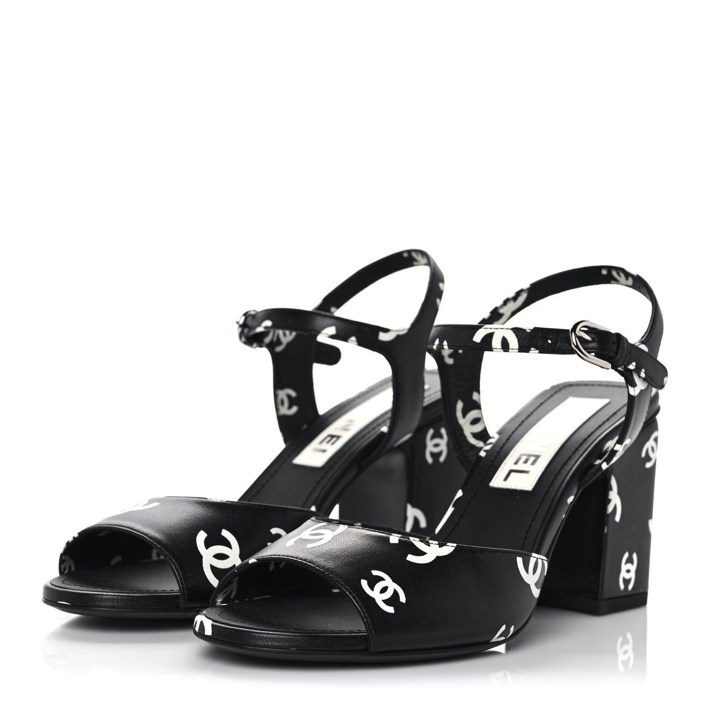 Printed Lambskin CC Sandals 37 Black White