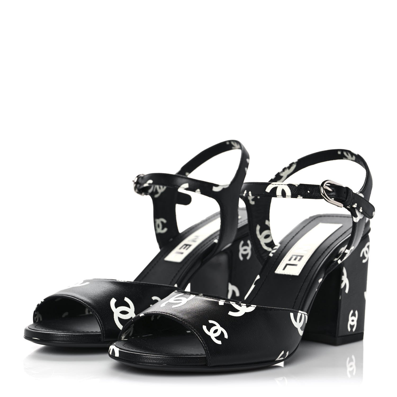 Chanel Printed Lambskin CC Sandals 37 Black White 3 of 9
