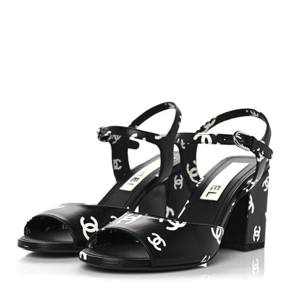 Chanel Printed Lambskin CC Sandals 37 Black White 3 of 9