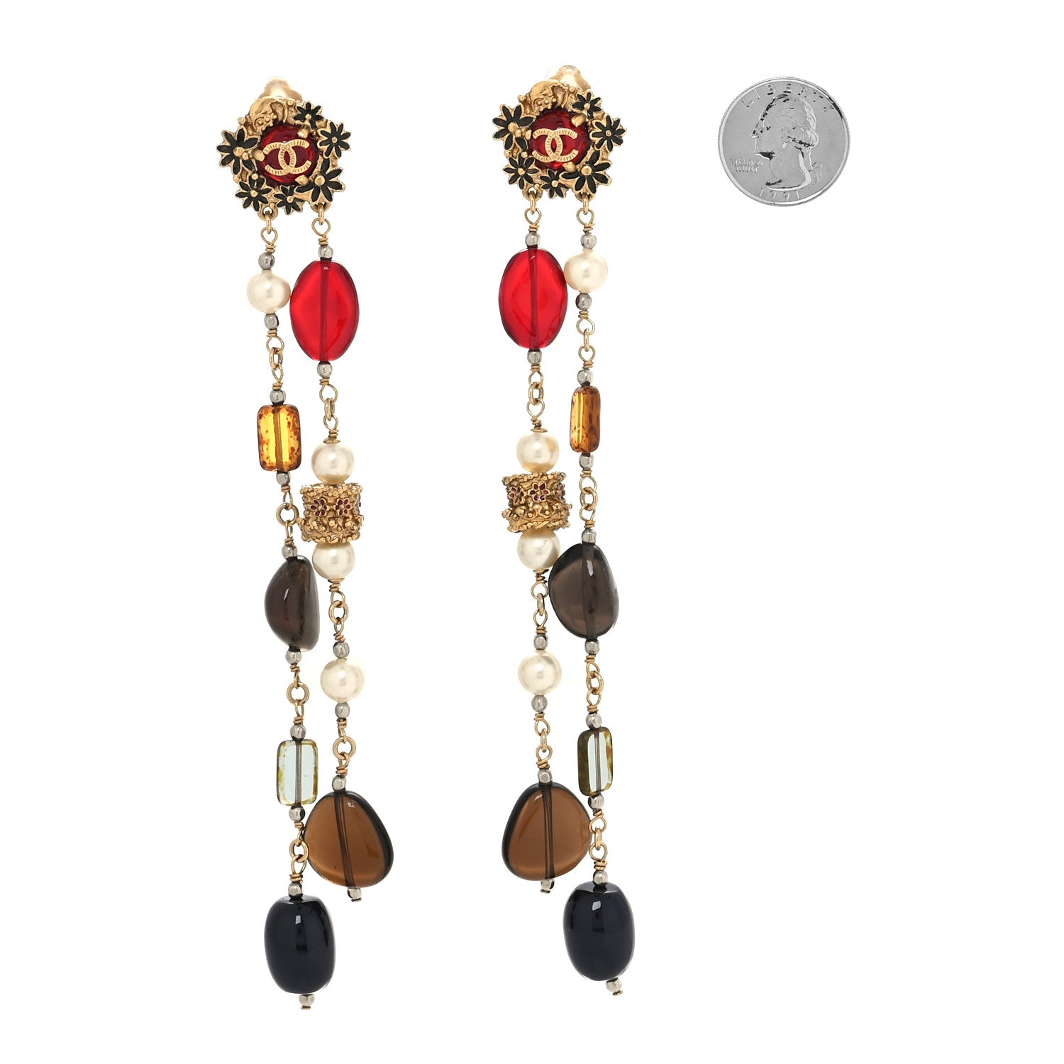Chanel Pearl Bead Chain CC Dangle Clip On Earrings Gold 2 of 5