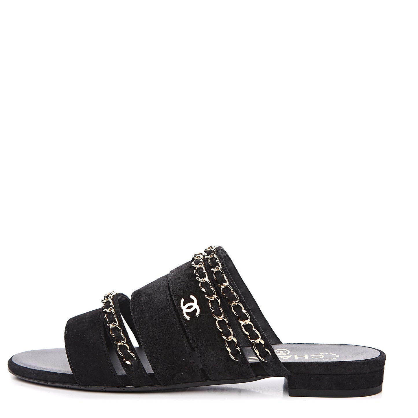 Kid Suede Chain CC Slide Flat Sandals 37 Black