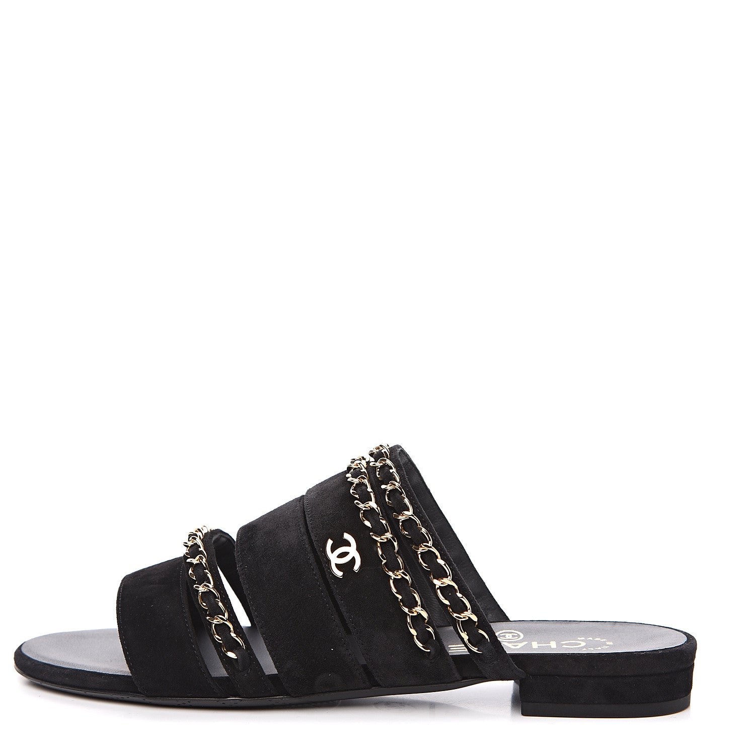 Chanel Kid Suede Chain CC Slide Flat Sandals 37 Black 1 of 9