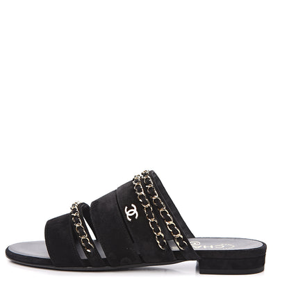 Chanel Kid Suede Chain CC Slide Flat Sandals 37 Black 1 of 9