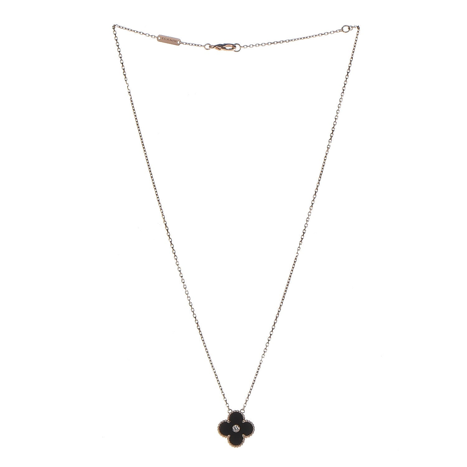 Van Cleef & Arpels 18K Rose Gold Diamond Black Onyx Vintage Alhambra Pendant Necklace 3 of 8