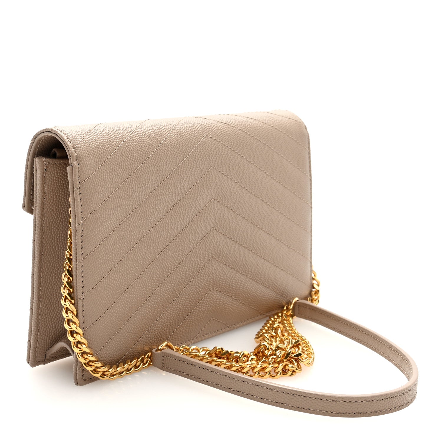 Saint Laurent Grain De Poudre Matelasse Chevron Monogram Envelope Chain Wallet Dark Beige 3 of 10