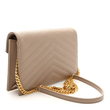Saint Laurent Grain De Poudre Matelasse Chevron Monogram Envelope Chain Wallet Dark Beige 3 of 10