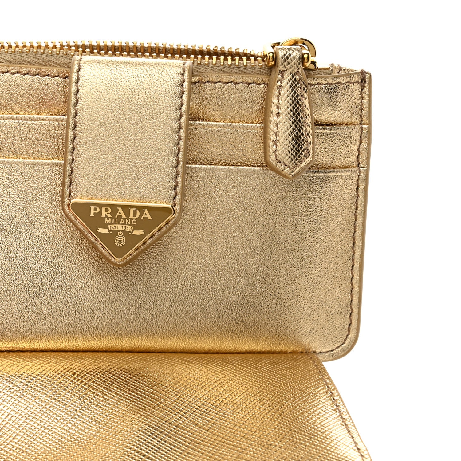 Prada Metallic Saffiano City Calf Triangle Card Holder Gold