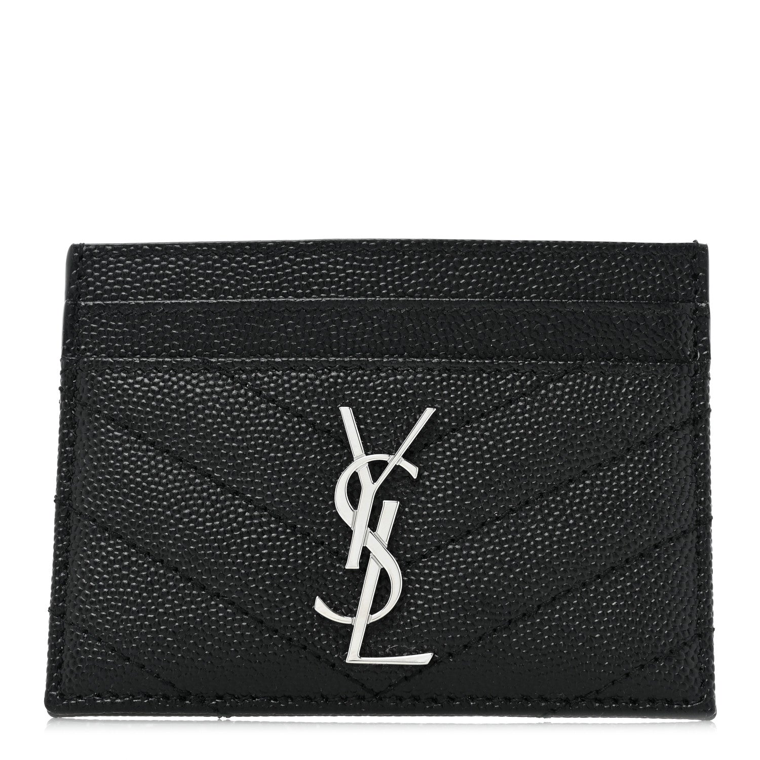 Saint Laurent Grain De Poudre Matelasse Chevron Monogram Credit Card Case Black 1 of 10