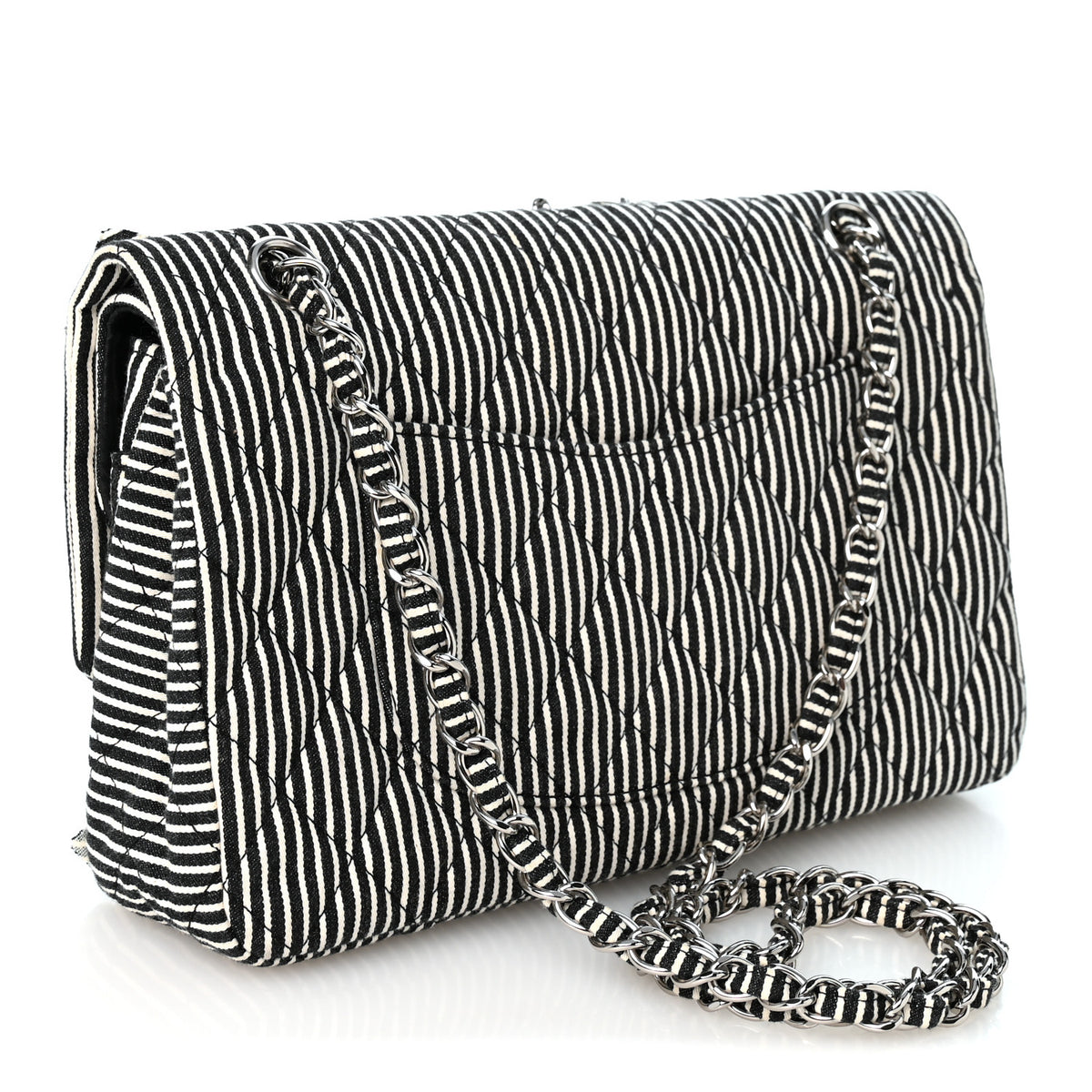 Canvas Sequin Stripe Medium Double Flap Black White