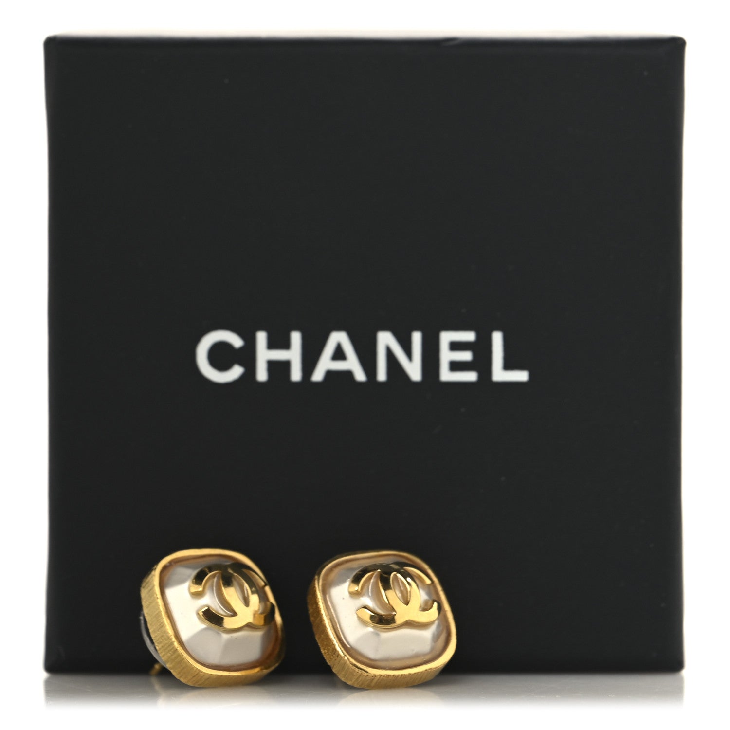 Chanel Metal Resin Pearl CC Square Earrings Gold 5 of 5