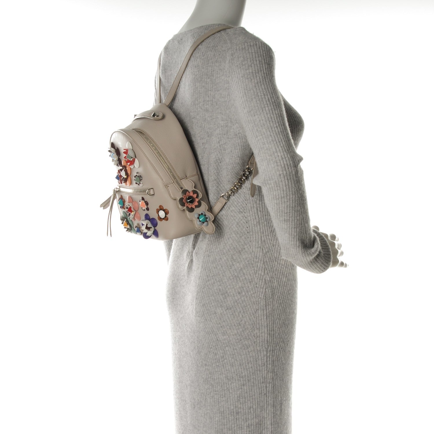 Fendi Vitello Dolce Flowerland Studded Mini Backpack Grigio Polvere Multicolor 2 of 7
