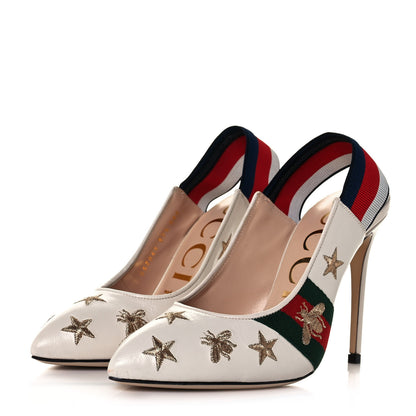 Gucci Malaga Kid Web Bee Star Embroidered Sylvie High Heel Slingback Pumps 37.5 White 3 of 10
