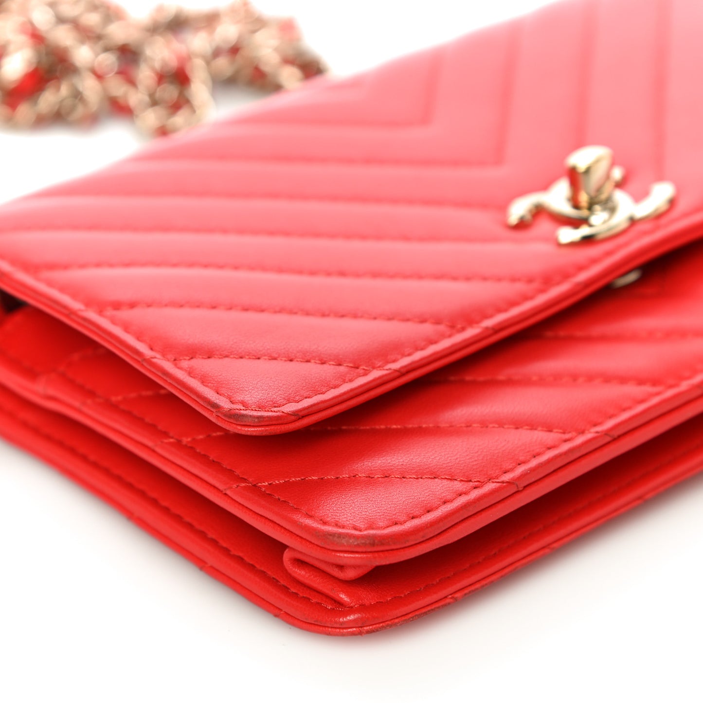 Lambskin Chevron Quilted Trendy CC Wallet On Chain WOC Red