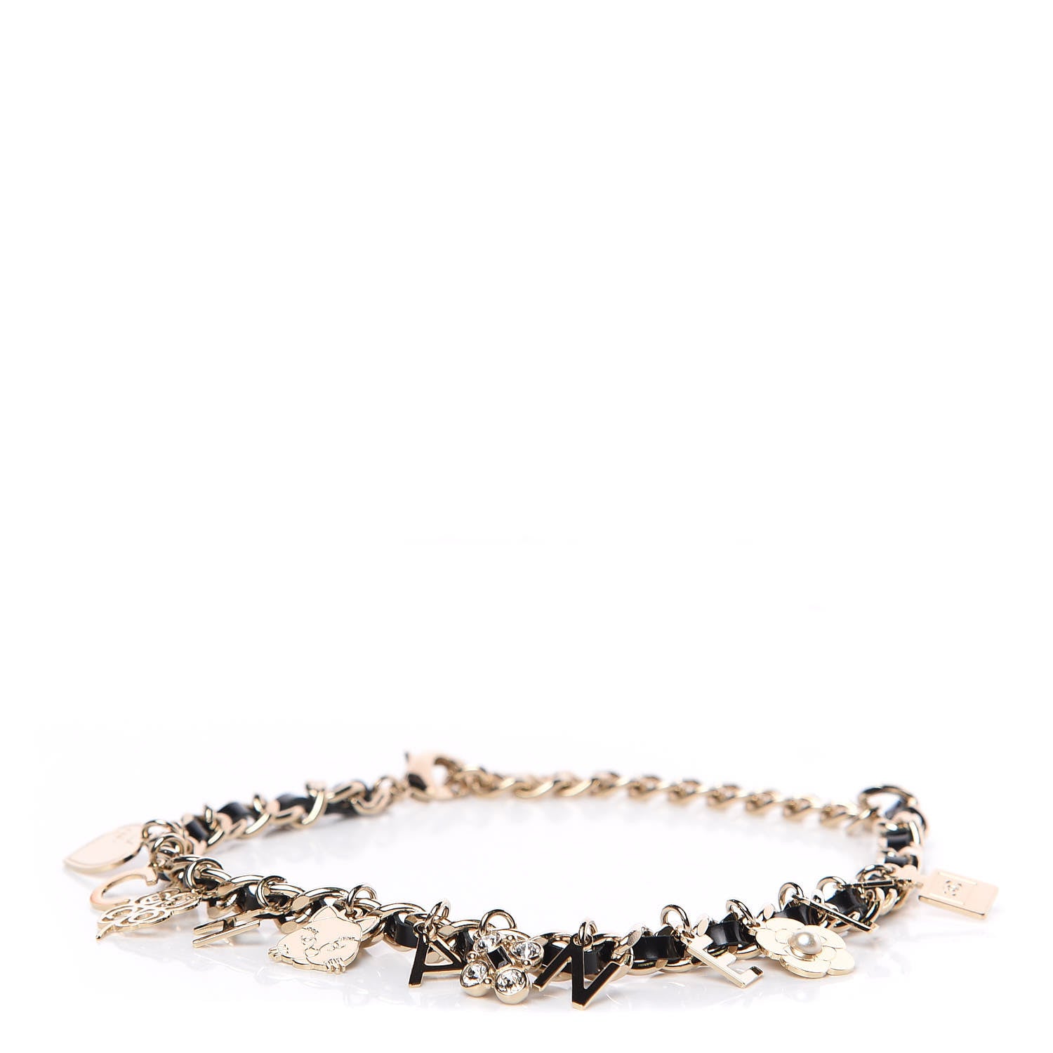 Chanel Glazed Calfskin Crystal Pearl Charm Short Necklace Black Gold 1 of 4