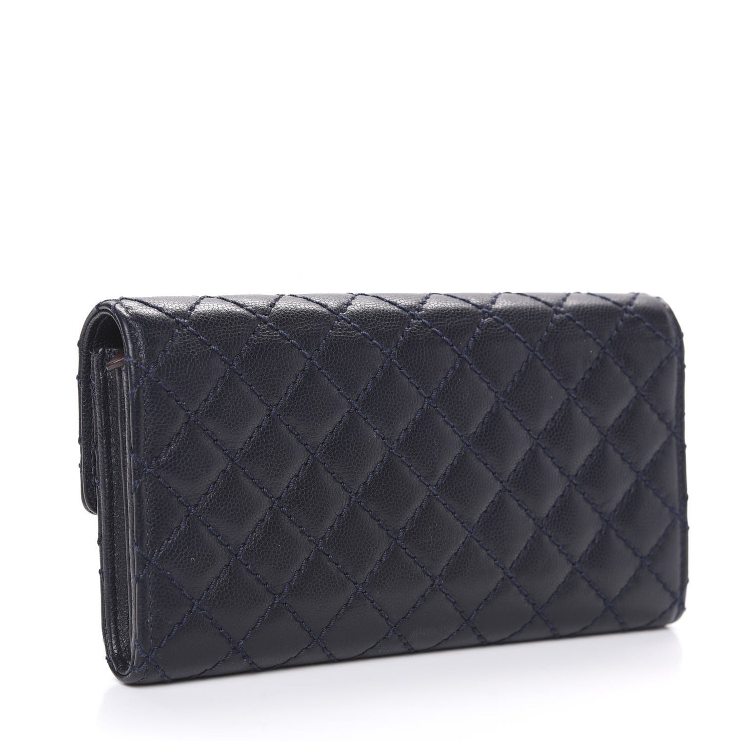 Grained Calfskin Stitched Quilted CC Long Wallet Navy