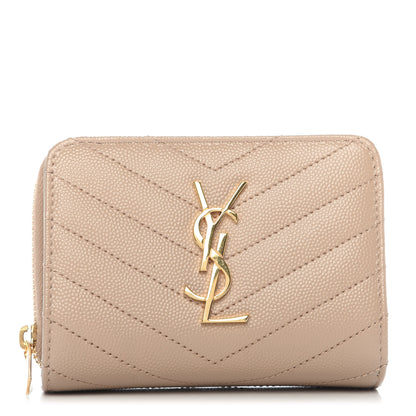 Saint Laurent Grain De Poudre Matelasse Chevron Monogram Compact Zip Around Wallet Dark Latte 1 of 10