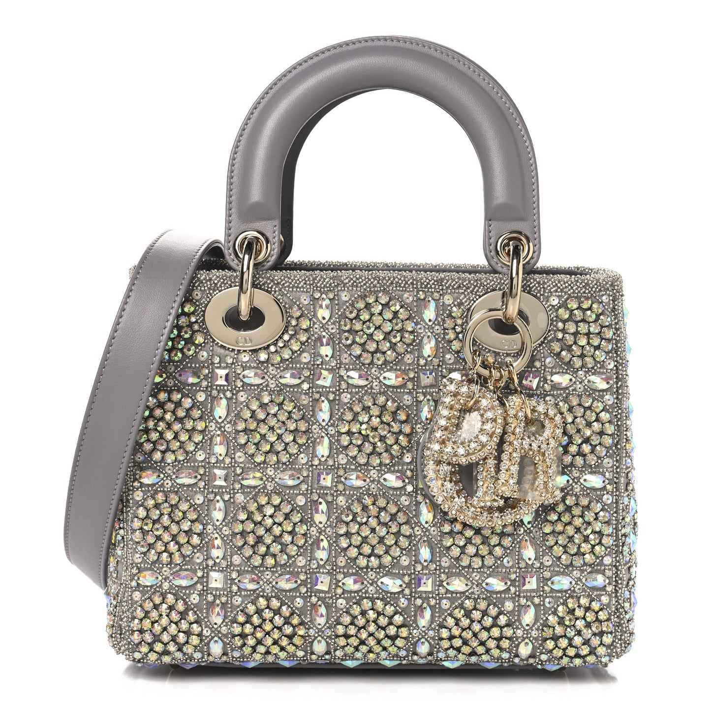 Calfskin Satin Celestial Bead Embroidery Embroidered Small Lady Dior Grey Multicolor