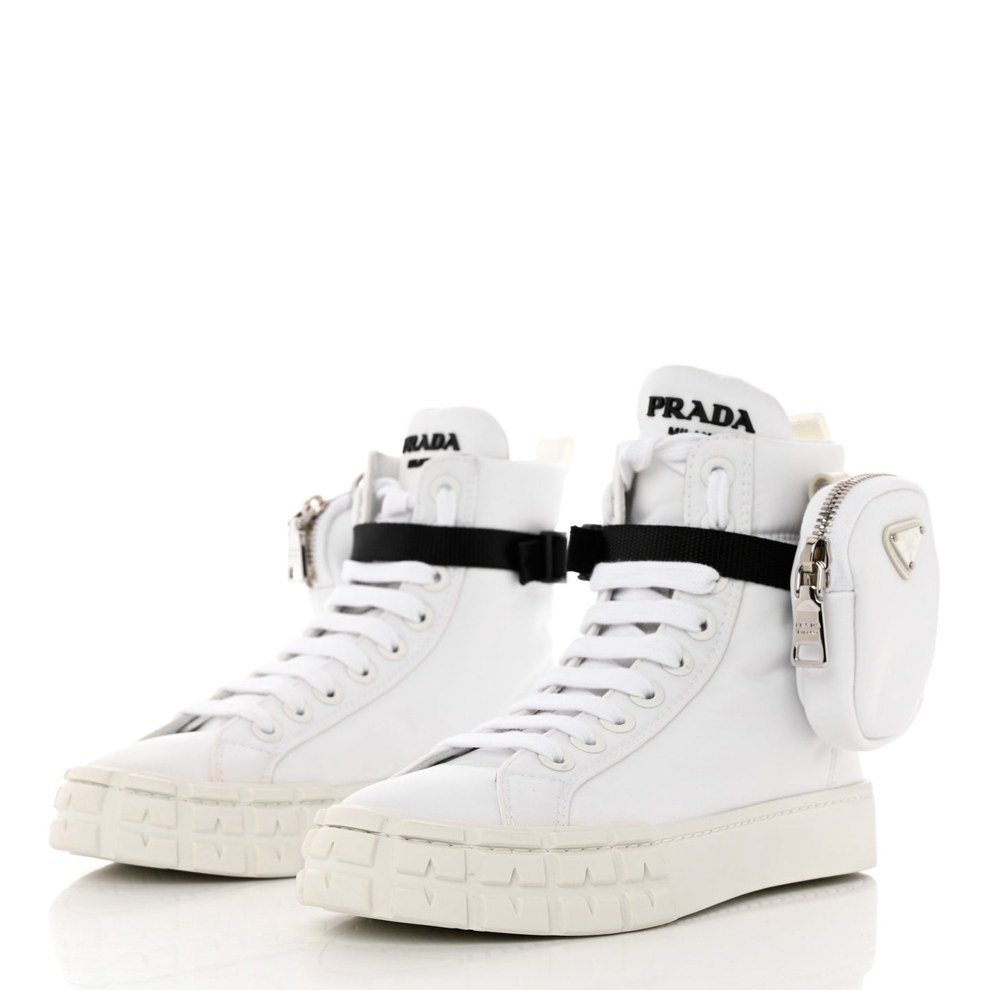 Re-Nylon Gabardine Metal Triangle Logo Wheel Pouch Pocket High Top Sneakers 35.5 White