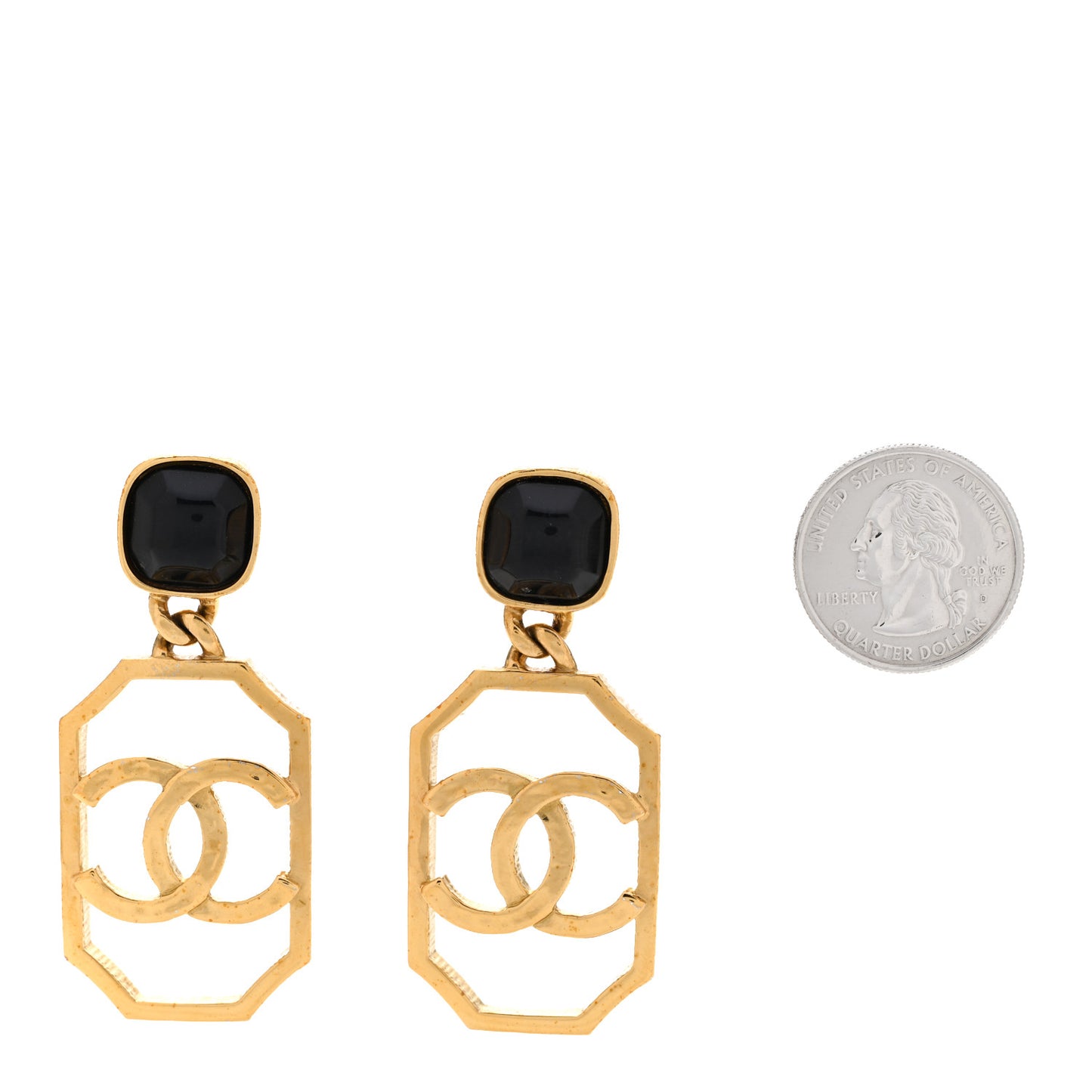 Metal Pearl CC Drop Clip On Earrings Gold Black